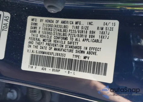 2015 Honda Cr-V Touring z USA, uszkodzony, nr VIN 5J6RM4H9XFL069253